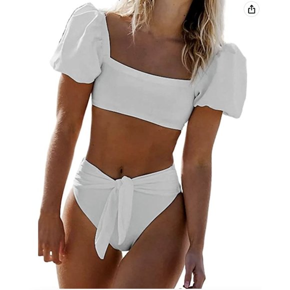 Women's Cute Solid Bubble Sleeves High Waisted Two Pcs Bikini Swimsuit, White, M - Picture 1 of 5